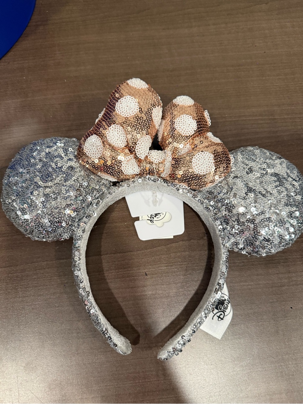 Disney Sequin Minnie Ears Headband - Silver Ears with Rose Gold Bow